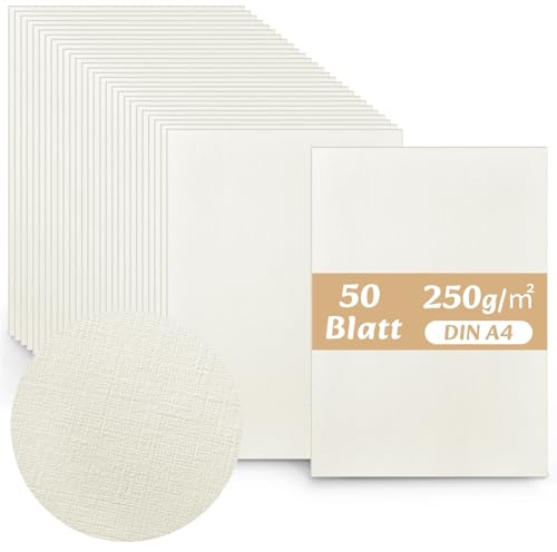 Faccito 50x Strukturkarton Elfenbeinweiß Leinen-Geprägt Din A4 250g | 21 x 29,7 cm, Bedruckbar Bastelkarton Dickes Präge-Karton für Visitenkarten Hochzeit Einladungs-Karten Geburtstagskarten