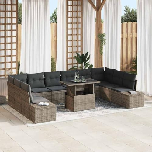 Holamys Gartensofa-Set mit Kissen, Grau Poly-Rattan, 11-teilig, Modular, UV-beständig, Höhenverstellbarer Tisch für Terrasse, Balkon