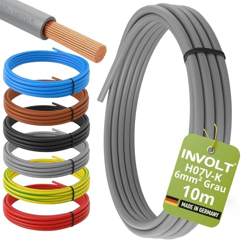 INVOLT 10m H07V-K 6mm² Verdrahtungsleitung Grau Aderleitung Meterware | Feindrähtig, Flexibel, Erdungsleitung für Elektroinstallation, Made in Germany