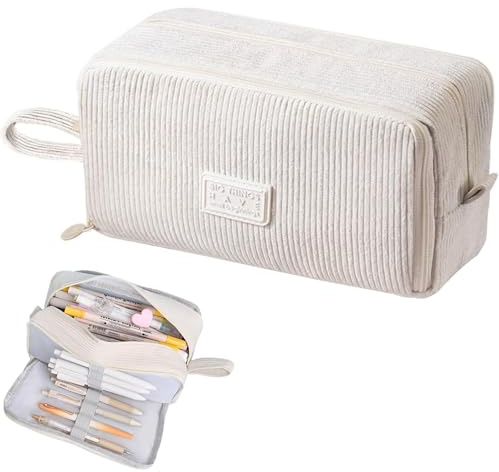 Federmäppchen aus Cord-Stoff, Federtasche Mäppchen mit 3 Fächer Beige | Mäppchen Teenager Unisex Federmappe Große Kapazität Geeignet für den Einsatz in Schulen und Büros (Beige)