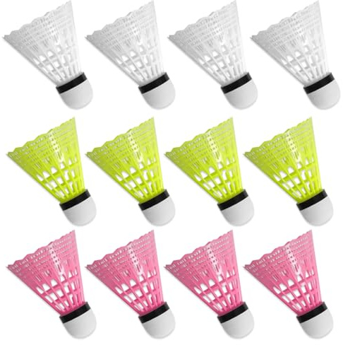 Luxorium Set de 12 Volantes de Bádminton para Exterior, Pelotas de Bádminton con Trayectoria Estable, Volantes de Speedminton para Entrenamiento, Ocio y Principiantes en Blanco, Amarillo y Rosa