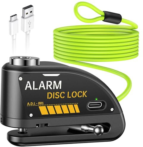 Motorrad Bremsscheibenschloss mit 120dB Alarm, Typ C Wiederaufladbar Motorradschloss mit 1.8m Erinnerungskabel, 7mm Pin Motorrad Schloss Diebstahlsicherung für Moto
