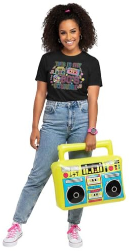 LOVETRENDS 1980s Costume Set - This is My 80s Costume T-Shirt and Inflatable Boombox Prop - Neon Graphic Tee & Blow-Up Radio for 1980’s Themed Parties & Festivals Adult Fancy Dress Costume
