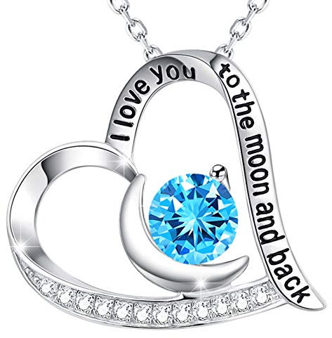 Elda & Co Jewelry Halskette mit Anhänger I Love You To The Moon and Back Sterling-Silber 925 – Herz & Mond Geschenke für Damen 1125, Silber/Sterlingsilber, Aquamarin