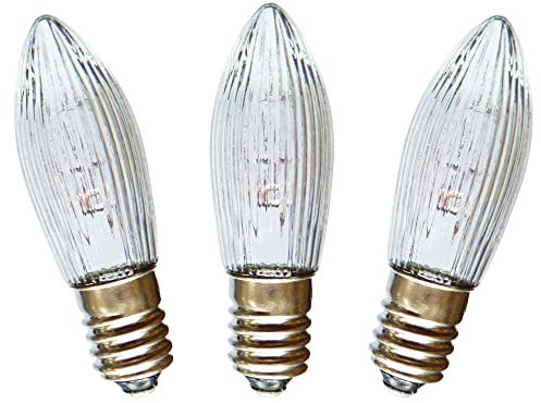 AUSWAHL 8V - 55V - netSells - 3er Set - 14V 3W Topkerze Riffelkerze Spitzschaftkerze - für Schwibbogen u. Lichterketten - für INNEN - für 16-17 Brennstellen - klar