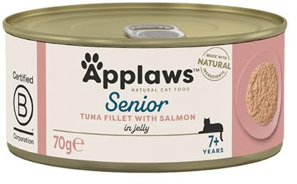 Applaws 1030NE-A Natural - alimento húmedo completo para gatos mayores, atún con salmón en caldo, lata de 70 g (paquete de 24)