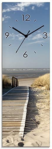 ARTLAND Wanddeko Wanduhr ohne Tickgeräusche Glas Funkuhr 20x60 cm Rechteckig Lautlos Strand Meer Nordsee Düne Urlaub Maritim T5RM