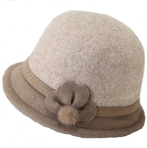 Ulalaza Wolle Filz Cloche Hut Winter Wide Brim Retro Blume Bowknot Vintage Eimer Floppy für Frauen