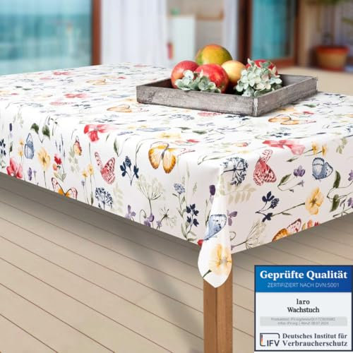 laro Wachstuch-Tischdecke Abwaschbar Garten-Tischdecke Wachstischdecke PVC Plastik-Tischdecken Eckig Meterware Wasserabweisend Abwischbar EZ, Muster:Blumen. Schmetterling/bunt, Größe:90-90 cm
