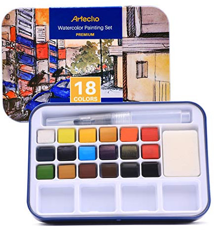 Artecho Kit de peinture aquarelle avec 18 couleurs vives, y compris un pinceau à eau, une éponge et un nuancier vierge en papier aquarelle, un étui léger et portable, parfait pour un cadeau