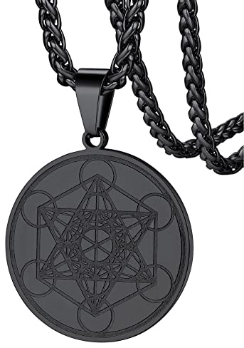 FaithHeart Edelstahl personalisierter Metatrons Würfel Anhänger in Silber/Vergoldet/Schwarz mit 55cm+5cm Weizenkette für Herren und Damen