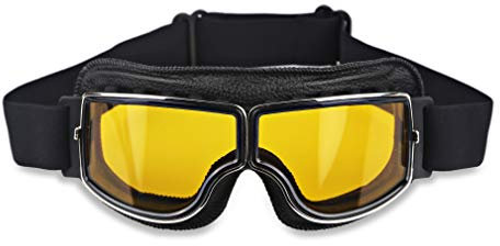 Ashilun Retro Pilot Motorradbrille beschlagfrei Warm Reitbrille ATV Bike Motocross Brille Schutzbrille (Schwarzer Rahmen + Gelbe Linse)