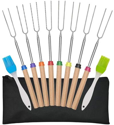 YQBOOM - Bastoncini per arrosti, in acciaio inox, estensibili, 8 pezzi, con manico in legno, per braciere, barbecue, falò, multicolore con 2 spazzole in silicone