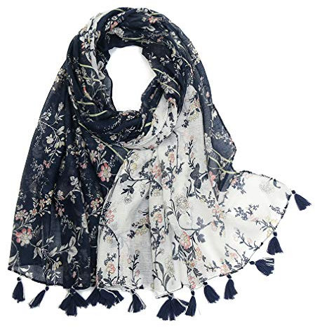 KAVINGKALY Foulards pour Femmes Boho écharpe en Coton Léger à Imprimé Floral pour Les Vacances Foulard Noir et Blanc