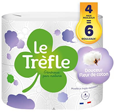Le Trèfle Douceur Fleur de coton - Papier toilette - 4 maxi rouleaux = 6 rouleaux classiques –Lotion aux extraits de coton