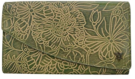 Anuschka Anna by Women's Asymetrische Geldbörse mit Überschlag aus echtem Leder | Handbemalte Handwerkskunst | Tooled Butterfly Jade