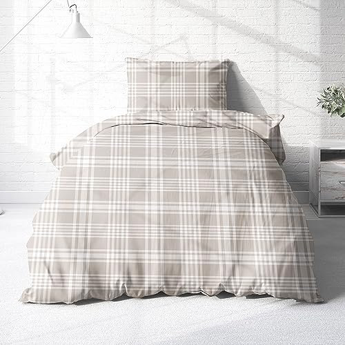 Träumschön Biber Bettwäsche Set 2tlg 155x220 cm + 80x80 cm – Flauschige Bettwäsche Beige – Weiche Winterbettwäsche Kariert - Atmungsaktiv, Warm & Hautfreundlich - 100% Baumwolle