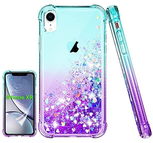 Pilaru for iPhone XR Case [with Screen Protector] Clear Liquid Heart Glitter Bumper Cover Soft TPU Cover Transparent Girly Protective Holographic Heart Phone Case for iPhone XR,Teal/Purple