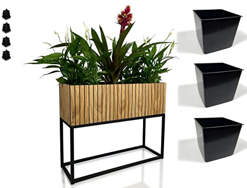 FLEXISTYLE Pflanzenständer LOFT FIORINO Metall Eiche Holz Lamelle Blumenständer Schwarz Blumentopf mit Beinen Hohe Blumentöpfe Loft Style viele Dimensionen Made in EU (22x62x50cm)