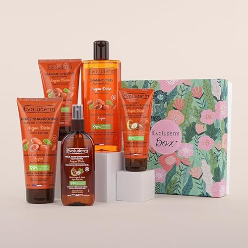 EVOLUDERM – Coffret - Argan Divin - Avant-Shampoing + Shampoing Nourrissant + Après-Shampoing Démêlant + Soin Longueurs & Pointes + Masque 150 ml - Fabrication Française (Jungle)