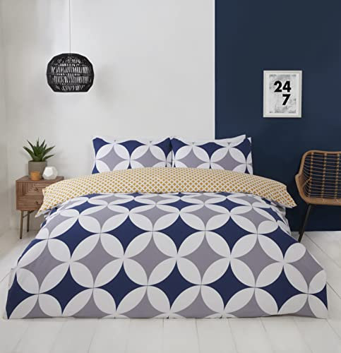 Rapport Home Blue Geometric design King Bedding Set - Reversible Easy Care Duvet Cover Set