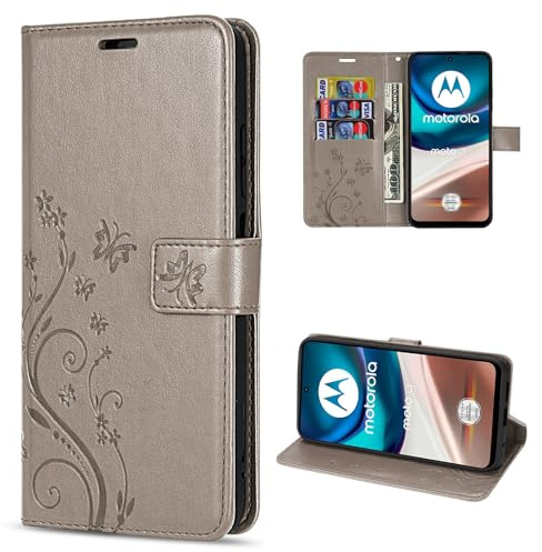 betterfon Hülle Kompatibel mit Motorola Moto G42 | Premium PU Leder Handyhülle Wallet Case für Moto G42 | Schutzhülle Blumen Klapphülle Handyhülle | Grau