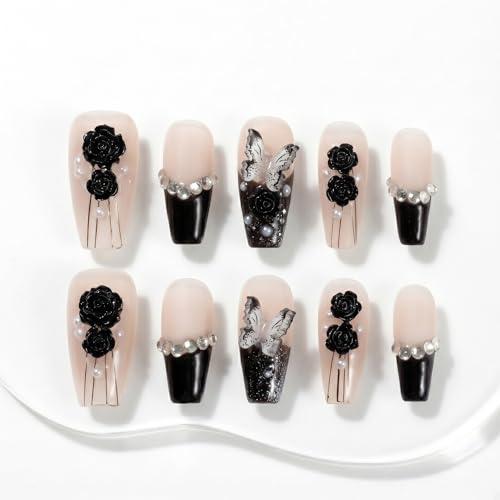 Sun&Beam Nails Handmade Press-On Nails Medium Ballerina Nude Pink (#069 M) | Handmade 10-piece set in nude pink and black with black rose, butterfly, pearl, rhinestone, glossy details