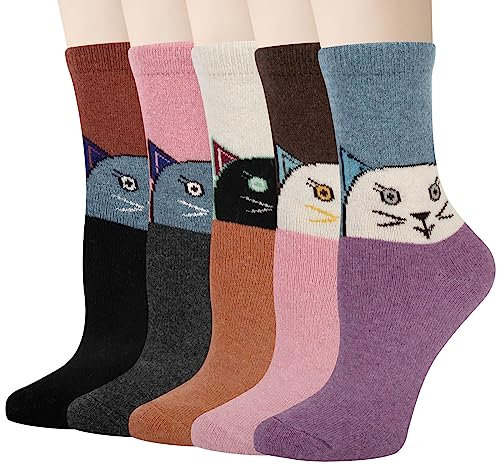 YSense Snug 5 Paar Damen Wollsocken, Gestrickte Warme Wintersocken, bunte Warme Socken mit Niedlichen Mustern, Geeignet Für Wanderungen oder als Geschenk für Frauen