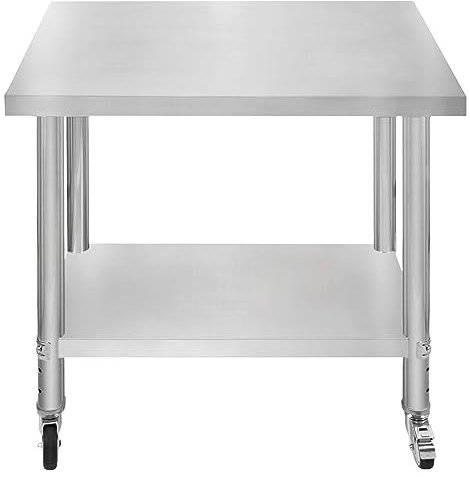 Tavolo da cucina in acciaio inox per la preparazione dei cibi con 4 ruote piroettanti con 2 freni e 4 piedini adattabili Ripiano inferiore regolabile 3 posizioni Portata 160 kg 76cm x 90cm x 86cm