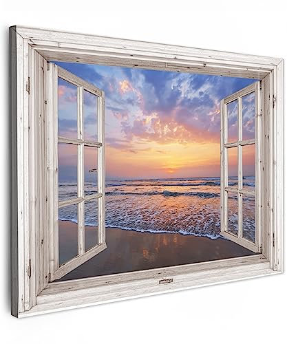 MuchoWow© Impressions sur Toile 70x50 cm Deco Tableau Murale Decoration Salon Peinture Tableaux Chambre Toiles Maison Vue de la fenêtre - Mer - Plage - Coucher de soleil - Bleu
