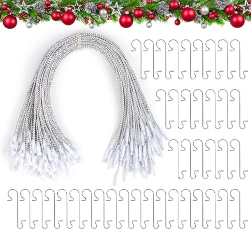 ilauke 200Pcs Ficelles pour Boules de Noël, 100 Crochet Boule de Noel+100 Cordons de Verrouillage à Pression, Crochets pour Décorations Suspendues d'arbre de Noël, Cintres d'Ornements de Noël