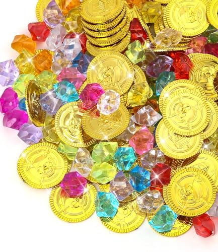 Birshe 200 Stück Goldmünzen Edelsteine Kinder, Kinder Piraten Edelsteine,Pirat Münzen,Edelsteine für Kinder,Edelsteine Kindergeburtstag,Goldmünzen Piratenschatz(100 Goldmünzen+100 Edelsteine)
