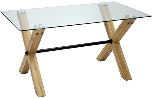 DRW Table de Salle à Manger en Bois MDF et Verre Naturel et Transparent 150 x 80 x 76 cm, 150x80x76cm