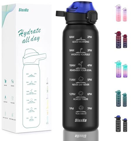 SLUXKE 18/10 Stainless Steel Water Bottles 500ml with Handle,Vacuum Insulated Bottle with Flip Top Lid for Kids Gym Yoga Fitness Camping BLACK