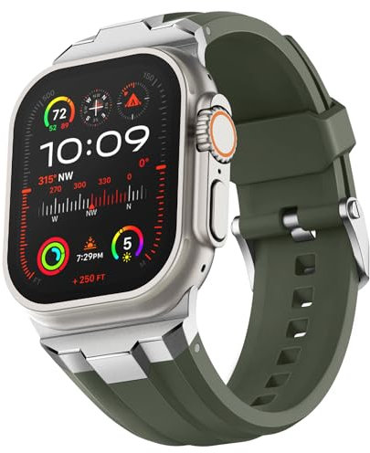 Suitisbest Armband Kompatibel mit Apple Watch Ultra 2 / Ultra 49mm, Series 10 46mm, Serie 9/8/7 45mm, Serie SE/6/5/4 44mm und Serie 3/2/1 42mm, Armeegrün (Silbernes Metall)