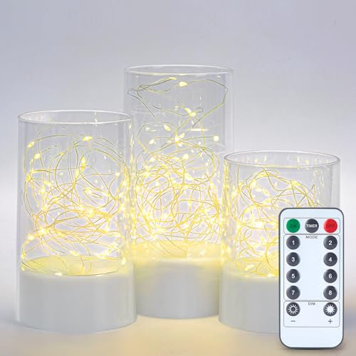 IMAGE Flickering Flameless Candles with String Lights 3PCS Acrylic Shell Pillar LED Candles Featuring 13-Key Remote Timer, Battery Operated for Home, Wedding and Decor (D3 in X H4/5/6 in), White