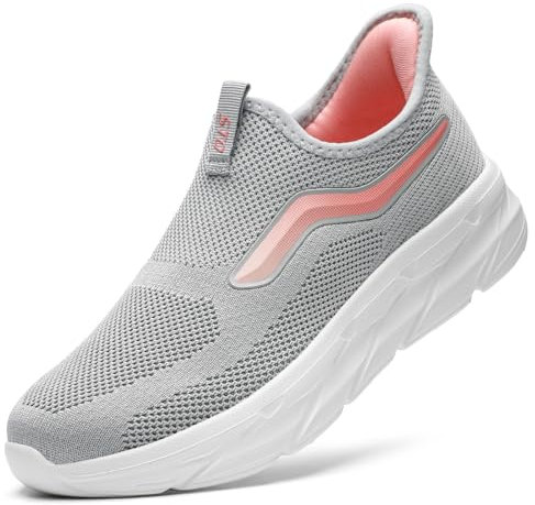 STQ Slip on Trainers Womens Sneakers Comfortable Arch Support Orthopedic Walking Shoes Light Grey Pink 5 UK/7 US