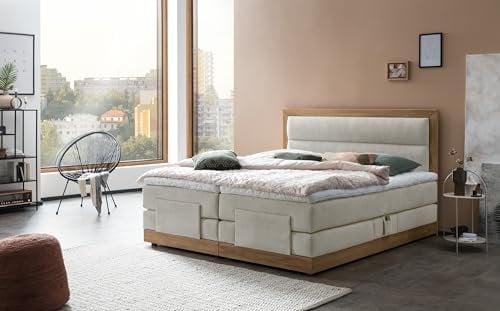 Belanoti MODELA Boxspringbett 160x200 elektrisch verstellbar 7-Zonen Taschenfederkern Matratze inkl Visco Topper Bett 160x200 mit Motor Farbe Beige H2/H3 Polsterbett Motorbett Massivholz Eiche