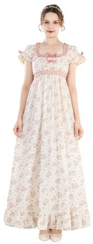 FCCAM Robe Regency Jane Austen pour femme - Longue robe vintage - Robe de bal victorienne avec gants - Taille empire, rose 1225, M