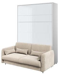 MEBLINI Schrankbett mit Sofa Bed Concept - Wandbett mit Lattenrost - Klappbett mit Schrank - Wandklappbett - Murphy Bed - BC-01-140x200cm Vertikal - Weiß Hochglanz/Beige