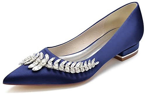ZZQCCHL Womens Flat Bridal Shoes Satin Pointed Toe Ballet Pumps Wedding Dress Court Shoes Slip On Rhinestones Shoes,Navy,7 UK