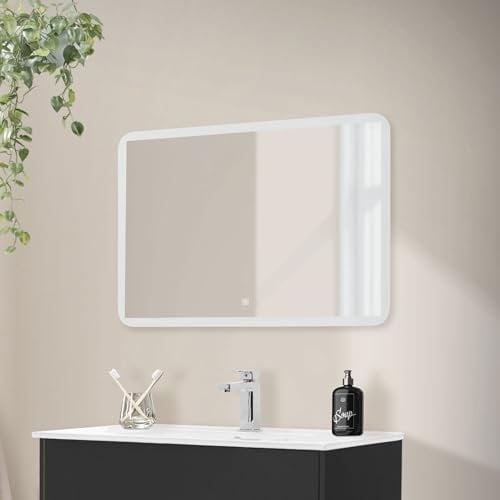 ML-Design Espejo de Baño con Iluminación LED Integrada Multifuncional Luz Blanca Cristal de Pared Rectangular 90 x 60 cm de Aluminio con Interruptor Táctil Diseño Moderno y Versátil Bordes Redondos