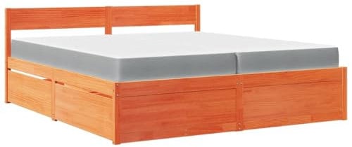vidaXL Bett, Bettgestell mit Schubladen Taschenfederkernmatratze, Holzbett für Schlafzimmer, Doppelbett, Wachsbraun 200x200cm Massivholz Kiefer