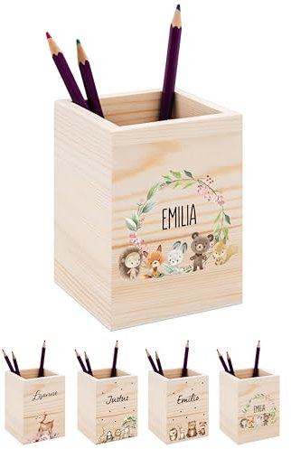 Bärenfreunde® - Personalisierter Stiftehalter Kinder aus Holz - Kreativer und praktischer Schreibtisch-Organizer Kinder mit Namen - Perfektes Einschulung Geschenk und Geburtstag (Tiere Kranz rosagrün)
