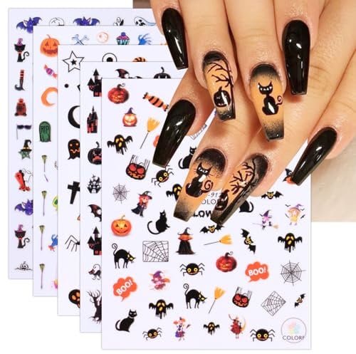 JMEOWIO 12 Sheets Halloween Nail Art Stickers Decals Self-Adhesive Candle Nail Supplies Nail Art Design Decoration Accessories