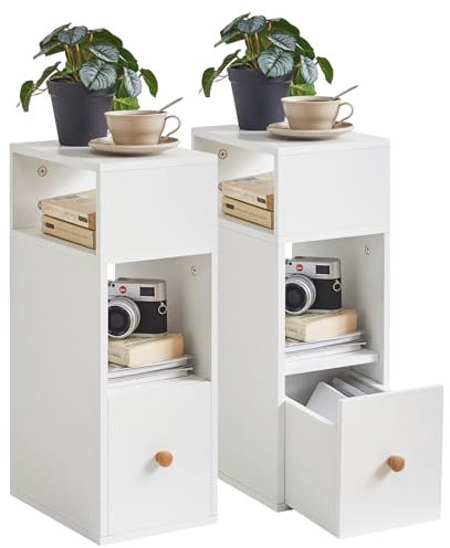 IBUYKE Nachttisch 2er Set, Schmal Beistelltisch mit Schublade, 2 offene Fächer,Kleiner Nachtschrank Platzsparend, für Schlafzimmer, Wohnzimmer,Arbeitszimmer,weiß WNS006W-2