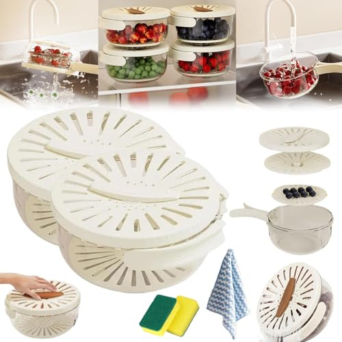 3 in 1 Kitchen Colanders Bowl, Multipurpose Draining Basket with Lid, Multifunctional Drainage Bowl, Fruit Cleaning Bowl with Strainer, Foldable Handle Food Washing Storage Container (2pcs-C)