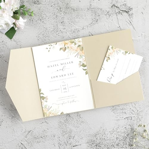 FEIYI 20 Stück Champagnerfarbene dreifach gefaltete Laser-Cut Hochzeitseinladungstaschen für 12,7 x 17,8 cm Hochzeitskarten, Junggesellinnenabschied, Verlobung Einladungen