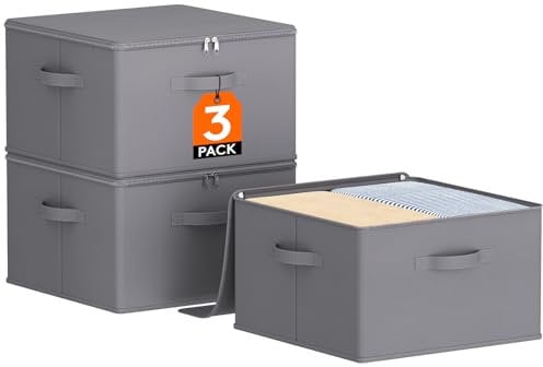 Lifewit Scatole Portaoggetti Tessuto 40L Set di 3, Ceste Portaoggetti con Coperchio, Contenitori per Armadio con Cerniera, Scatole per Armadio Salvaspazio per Vestiti 40×40×25cm, Giocattoli, Grigio