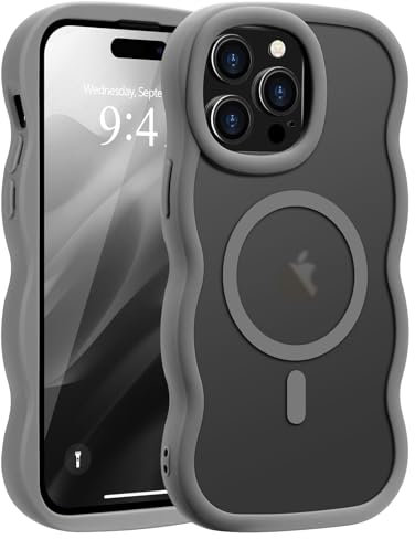 Pepmune Magnetic for iPhone 14 Pro Max Case [Compatible with Magsafe] Translucent Matte Cute Curly Wave Frame Phone Case,Soft TPU Bumper Slim Fit Shockproof Protective Cover for Men Women-Grey